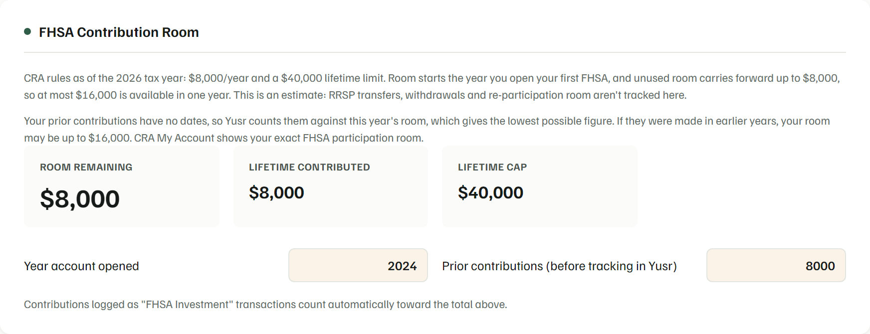 Yusr's FHSA Contribution Room card with example data, showing room remaining, lifetime contributed and lifetime cap