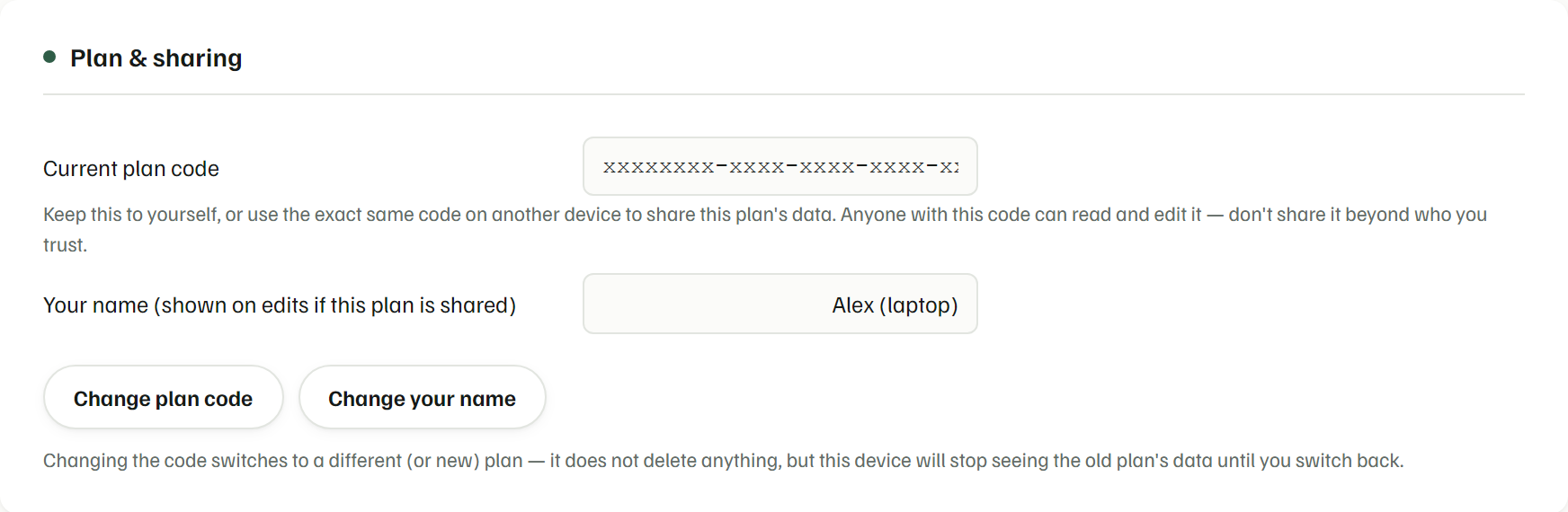 Yusr's Plan and sharing screen with example data; the plan code is hidden